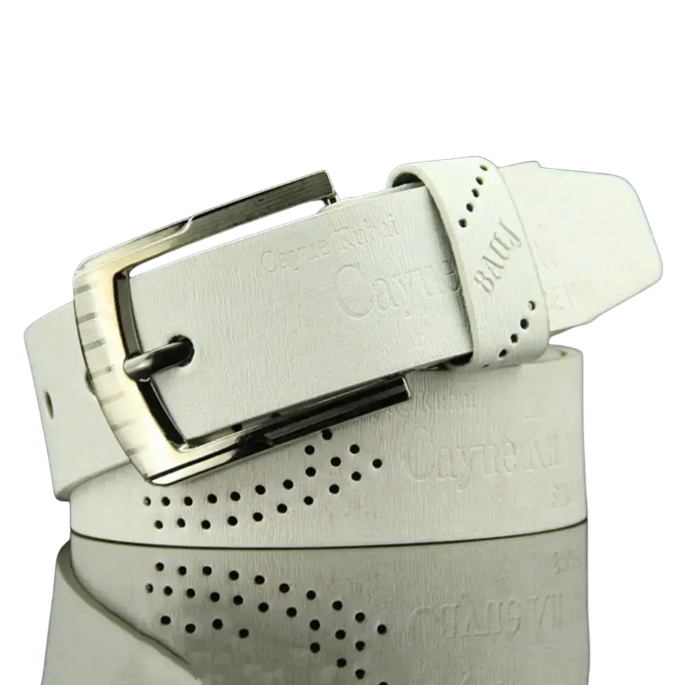 Men leather belt vintage business waistband in white leather with silver buckle and perforated design