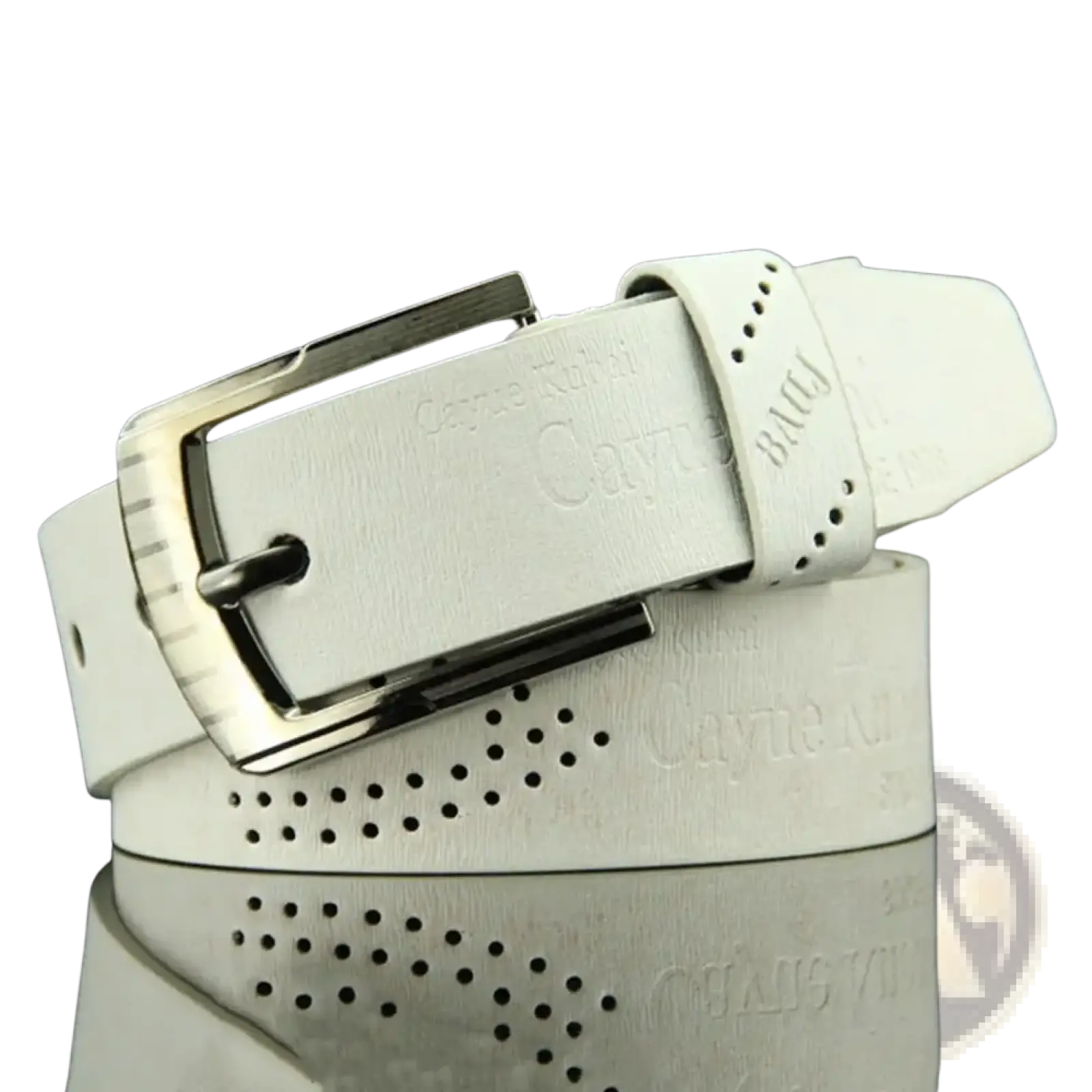 Men leather belt vintage business waistband in white leather with silver buckle and perforated design
