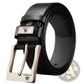 Black leather men leather belt with silver-toned vintage pin buckle and engraved logo rectangular plate