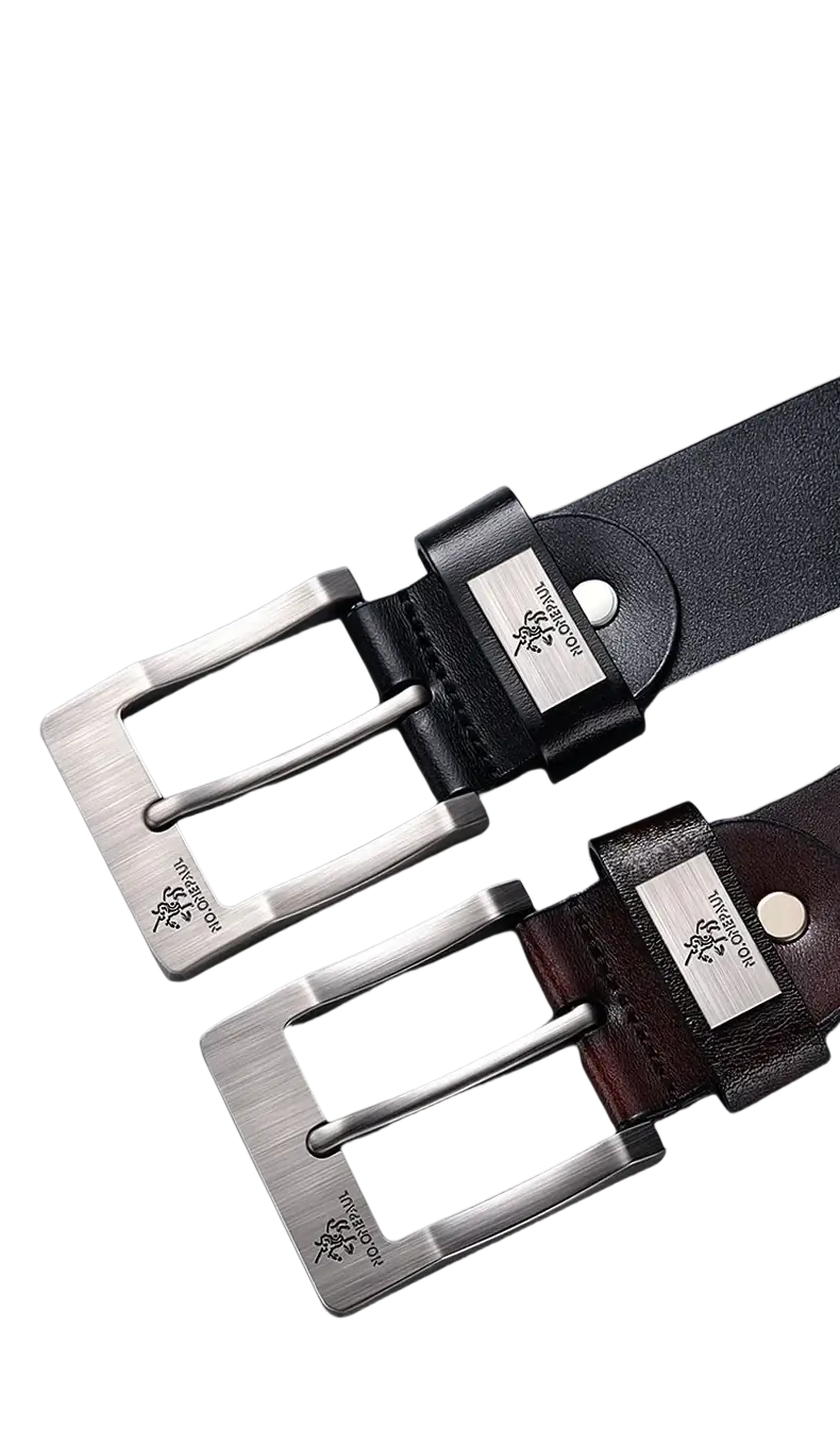Black leather belt with brushed silver toned metal buckle engraved with no.onepaul logo vintage luxury strap