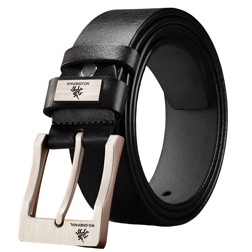Black leather men leather belt with silver-toned vintage pin buckle and engraved logo rectangular plate