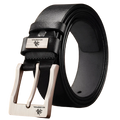 Black leather men leather belt with silver-toned vintage pin buckle and engraved logo rectangular plate