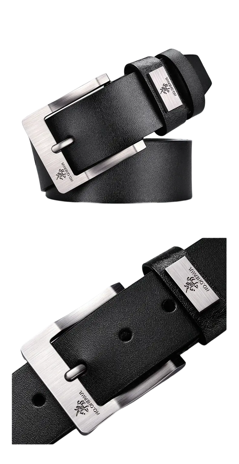 Black leather men leather belt with silver-toned engraved pin buckle vintage luxury strap design
