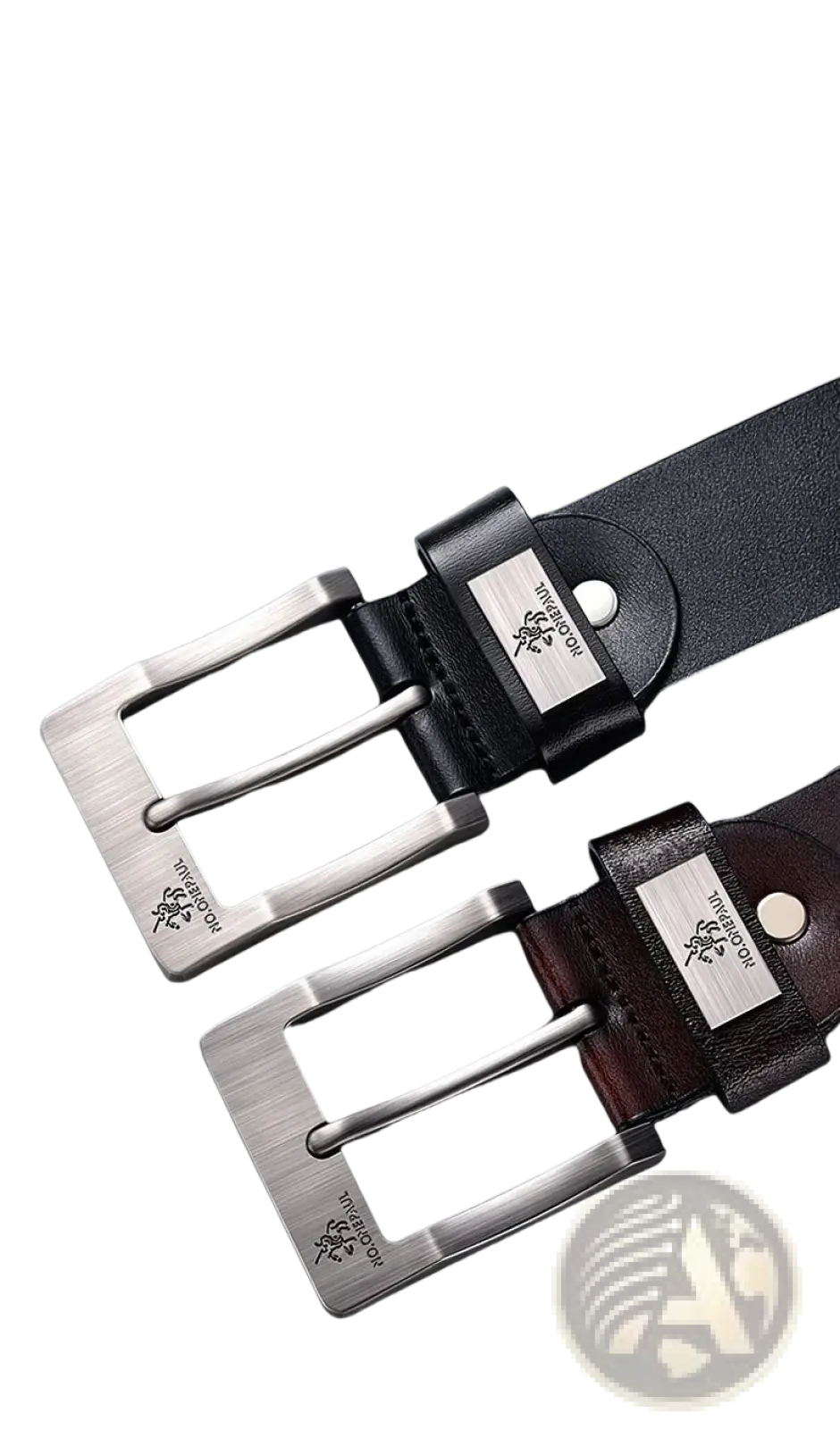 Black leather belt with brushed silver toned metal buckle engraved with no.onepaul logo vintage luxury strap