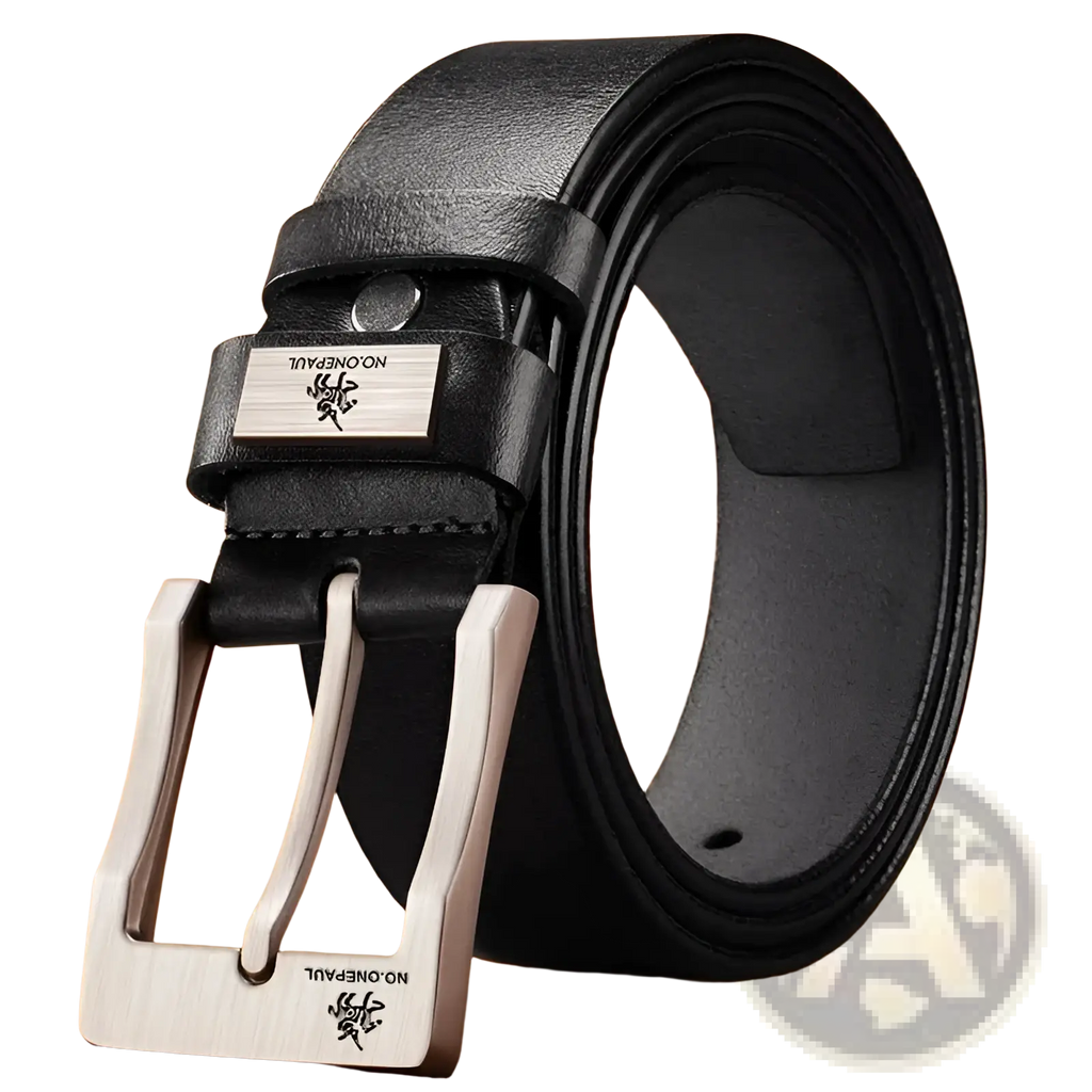 Black leather belt with a silver-toned metal vintage pin buckle and engraved logo plate for men’s luxury strap