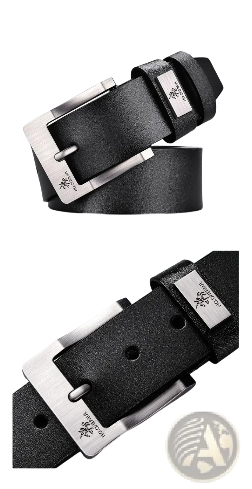 Black leather men leather belt with silver-toned engraved pin buckle vintage luxury strap design