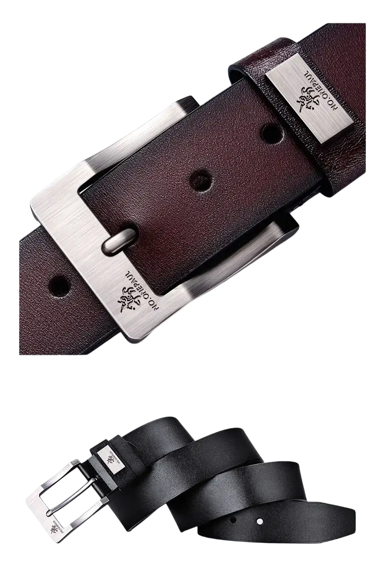 Men leather belt vintage pin buckle luxury strap in brown leather with a silver-toned engraved branded buckle