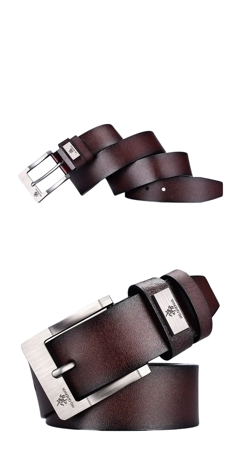 Brown leather men leather belt with vintage silver-toned pin buckle and branded metal plaque luxury strap