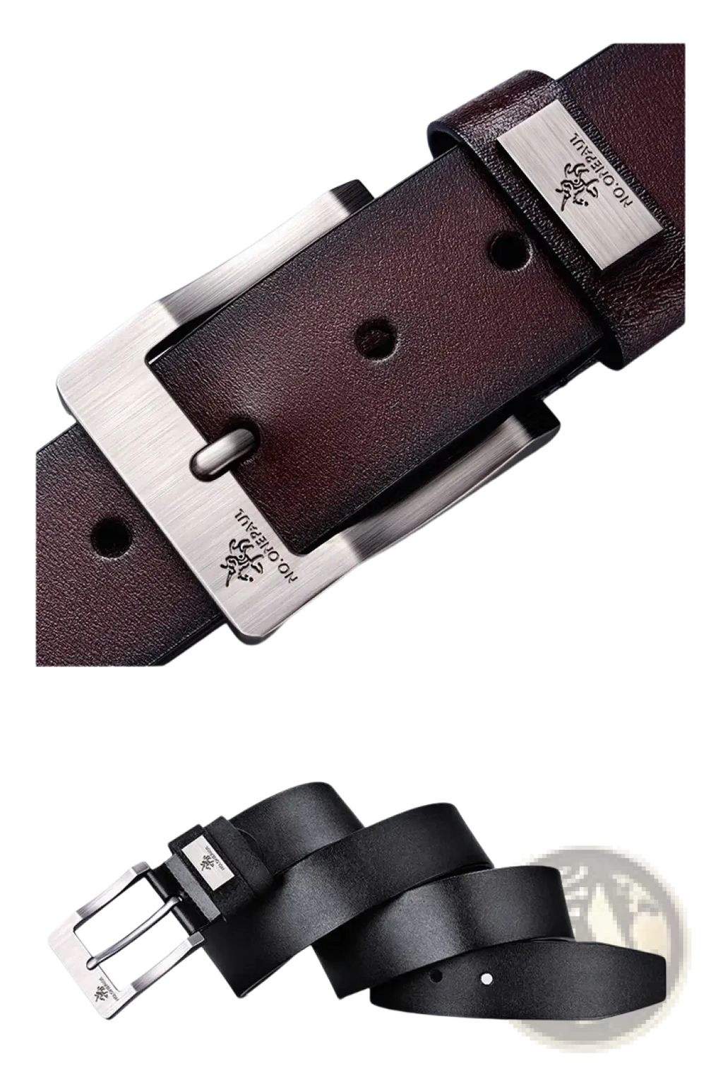 Men leather belt vintage pin buckle luxury strap in brown leather with a silver-toned engraved branded buckle