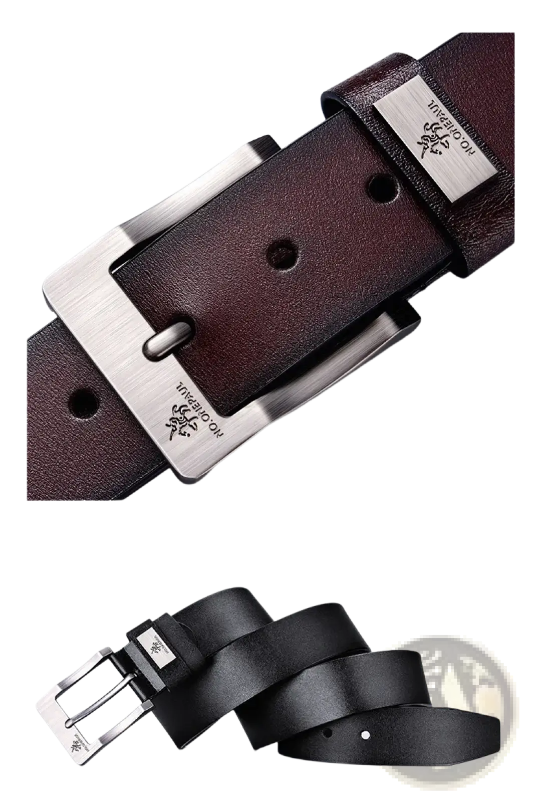 Men leather belt vintage pin buckle luxury strap in brown leather with a silver-toned engraved branded buckle