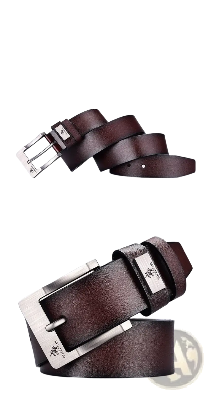 Brown leather men leather belt with vintage silver-toned pin buckle and branded metal plaque luxury strap