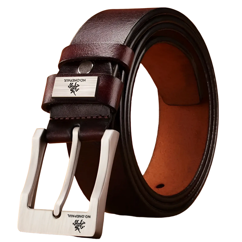 Dark brown leather belt with silver metal pin buckle and no.onepaul brand plate in vintage luxury style for men