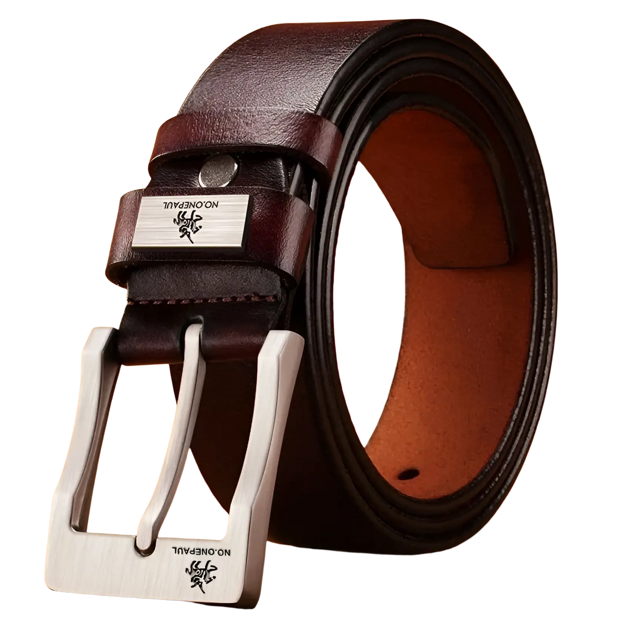 Dark brown leather men leather belt with silver-toned metal pin buckle and noonepaul brand logo plate