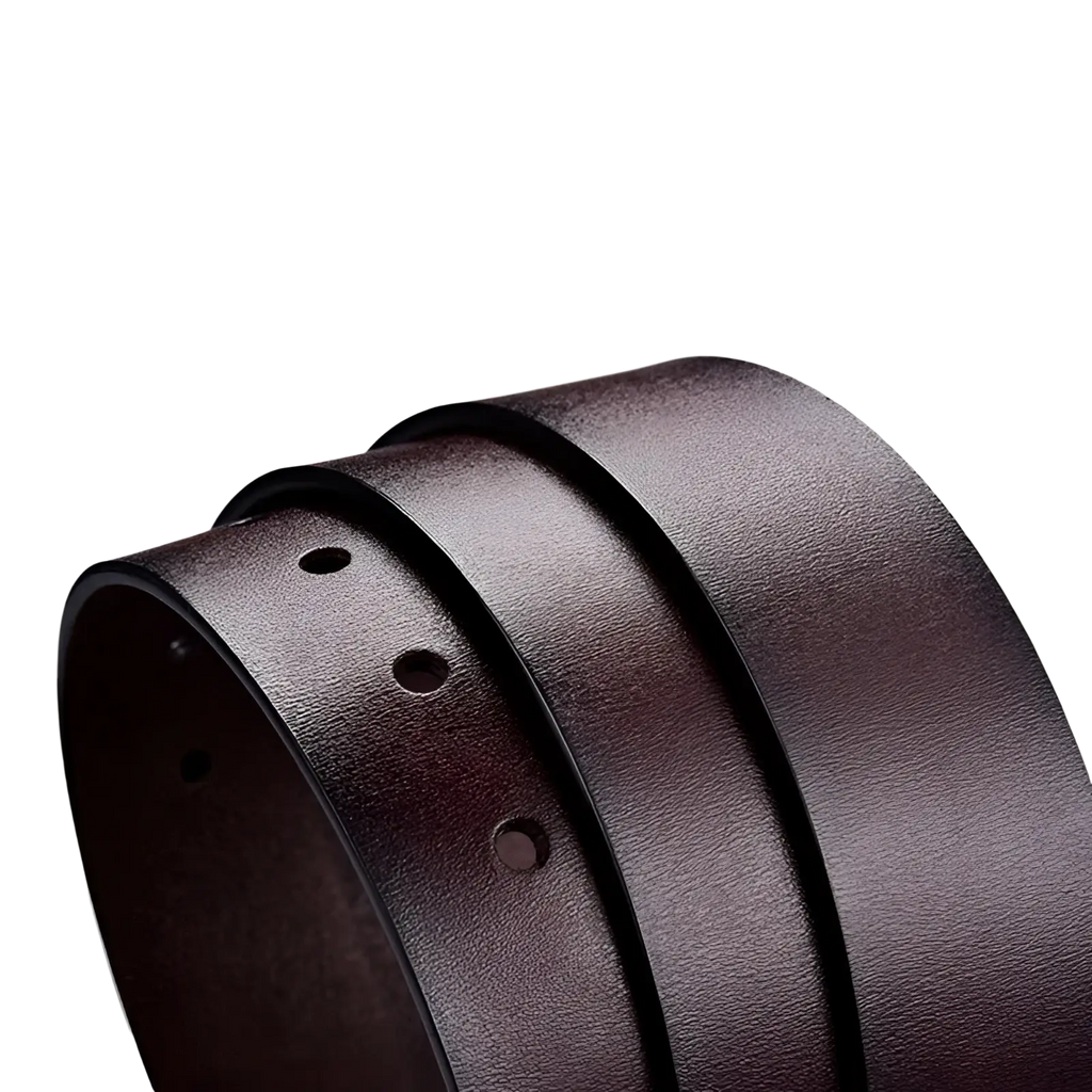 Men leather belt vintage pin buckle luxury strap in dark brown genuine leather with smooth textured surface and adjustable holes