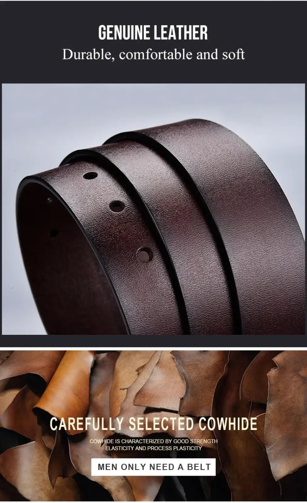 Men leather belt dark brown genuine leather with vintage pin buckle and adjustable holes for luxury fit and durability