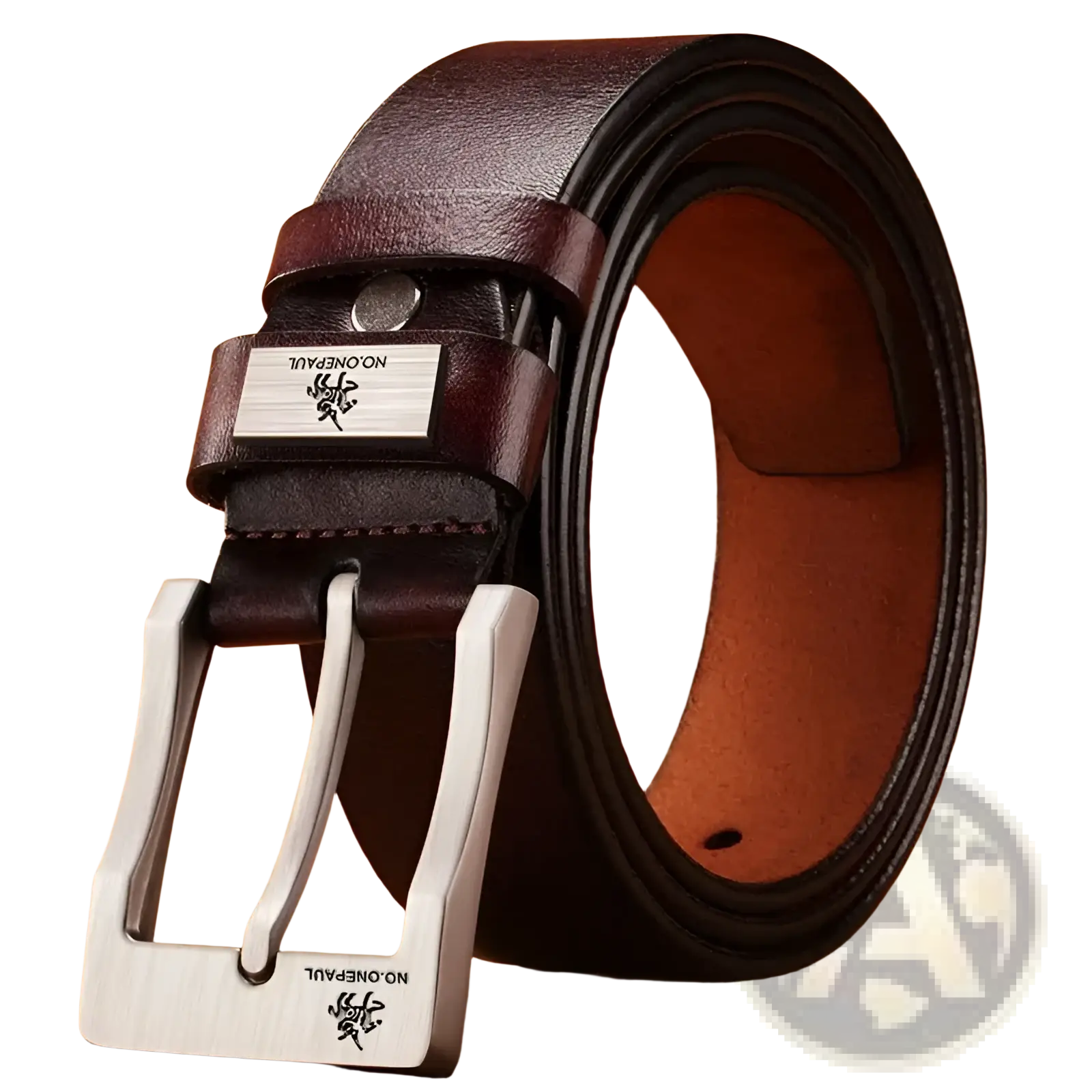 Dark brown leather belt with silver metal pin buckle and no.onepaul brand plate in vintage luxury style for men