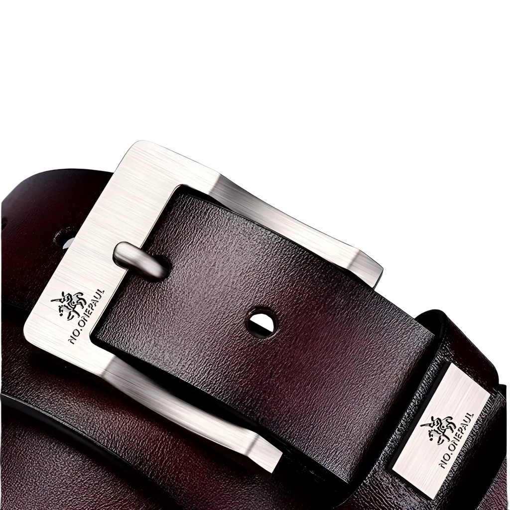 A sleek dark brown leather men leather belt with a polished zinc alloy pin buckle engraved with no one paul logo