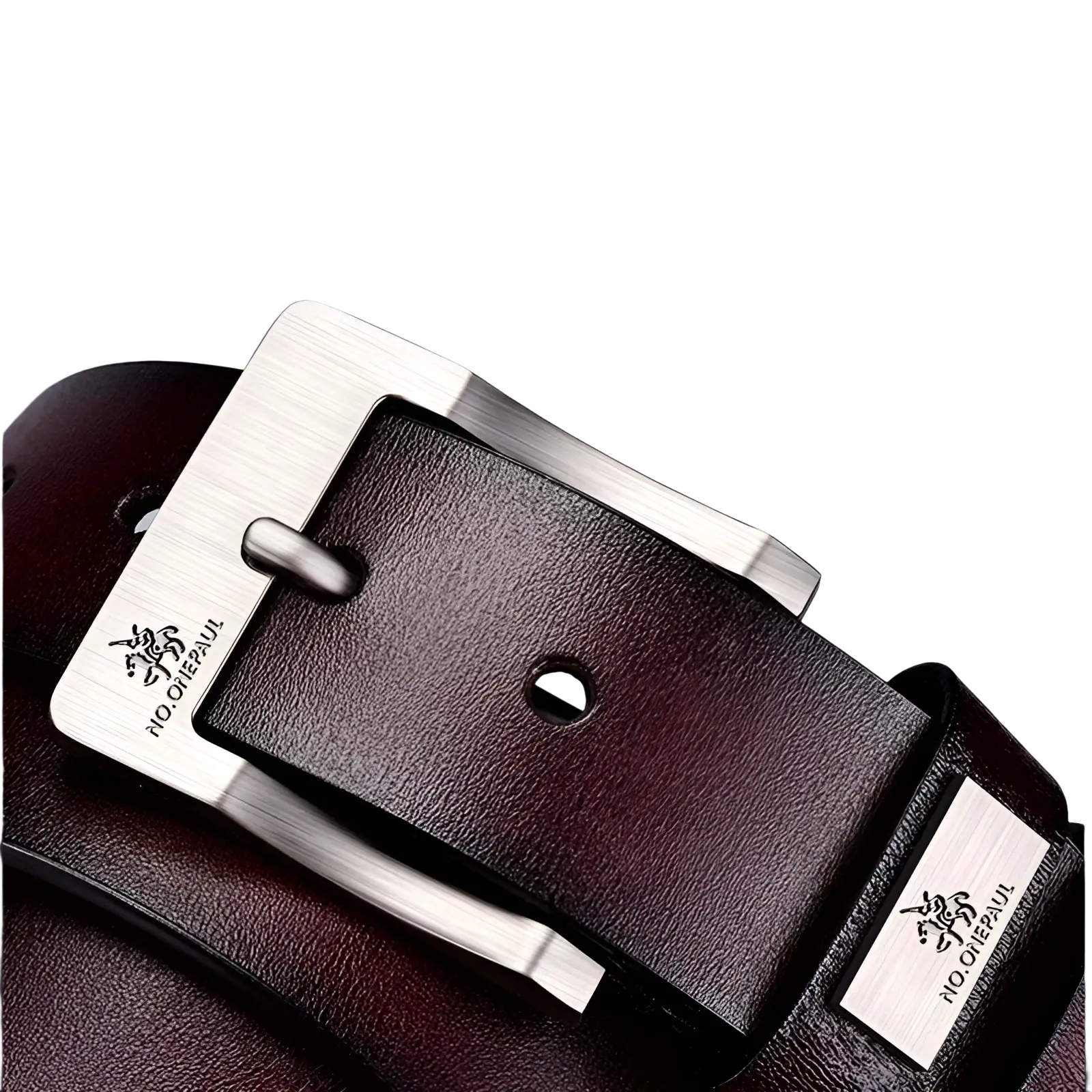 A sleek dark brown leather men leather belt with a polished zinc alloy pin buckle engraved with no one paul logo