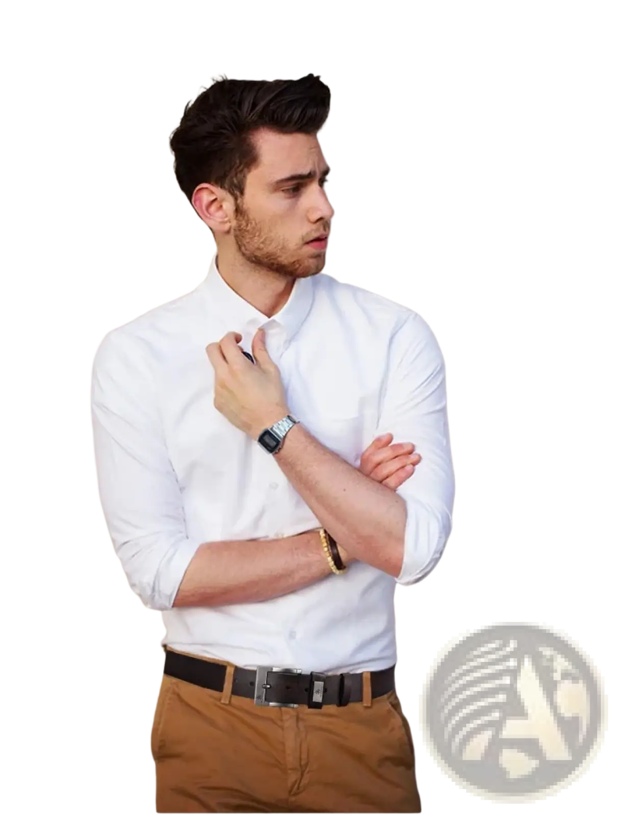 Men leather belt vintage pin buckle luxury strap worn with a sleek silver-toned digital watch with a black face