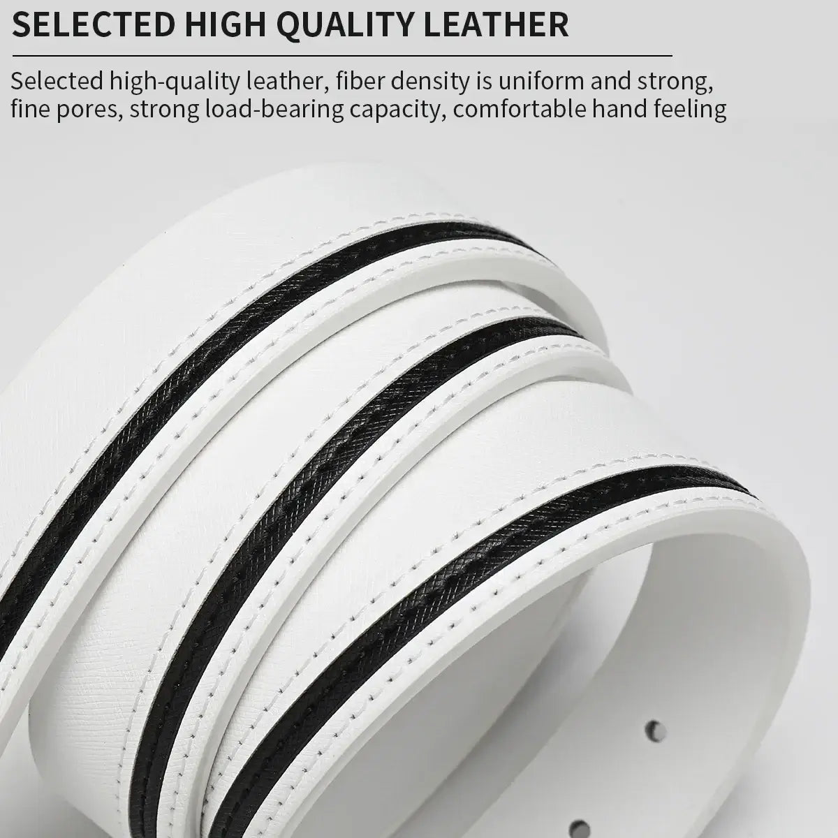 Men leather belt white with black braided contrast stripes and precise white stitching in leather material