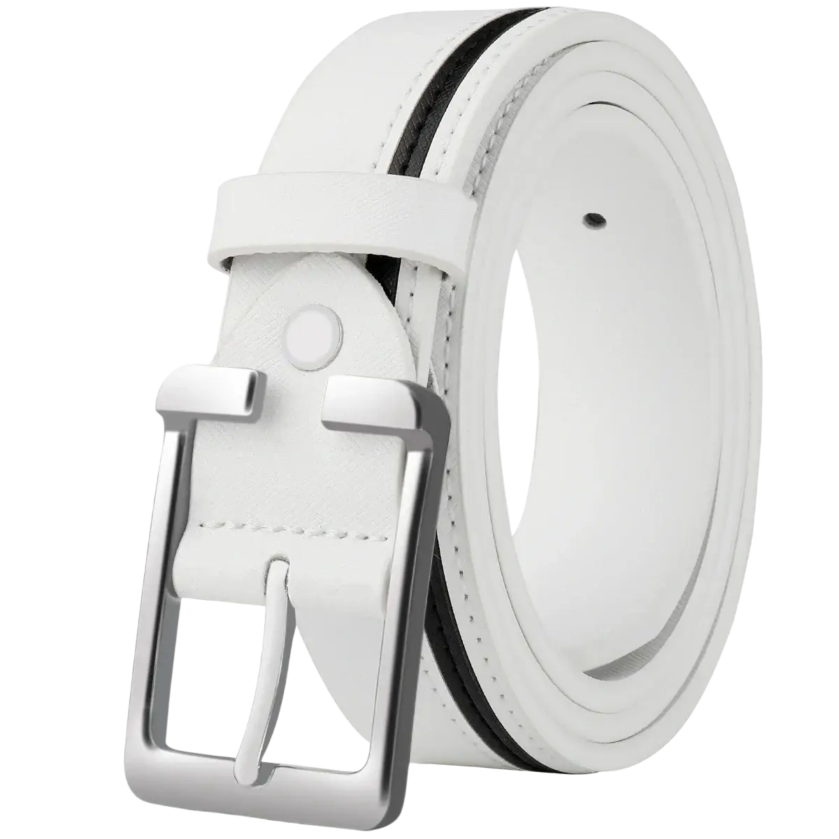 Men leather belt white braided with silver-toned buckle black stitching on white leather edges for formal wear