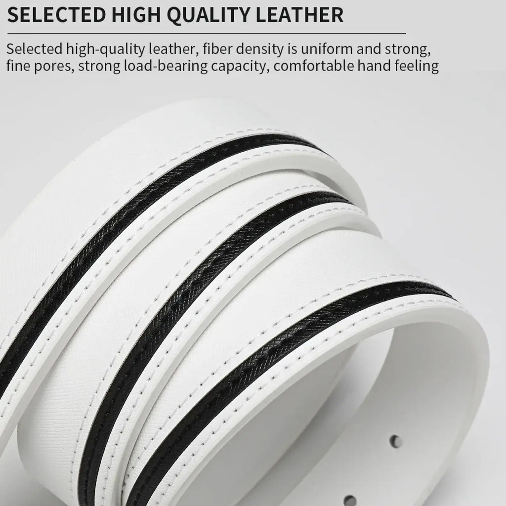 Men leather belt white with black braided contrast stripes and precise white stitching in leather material