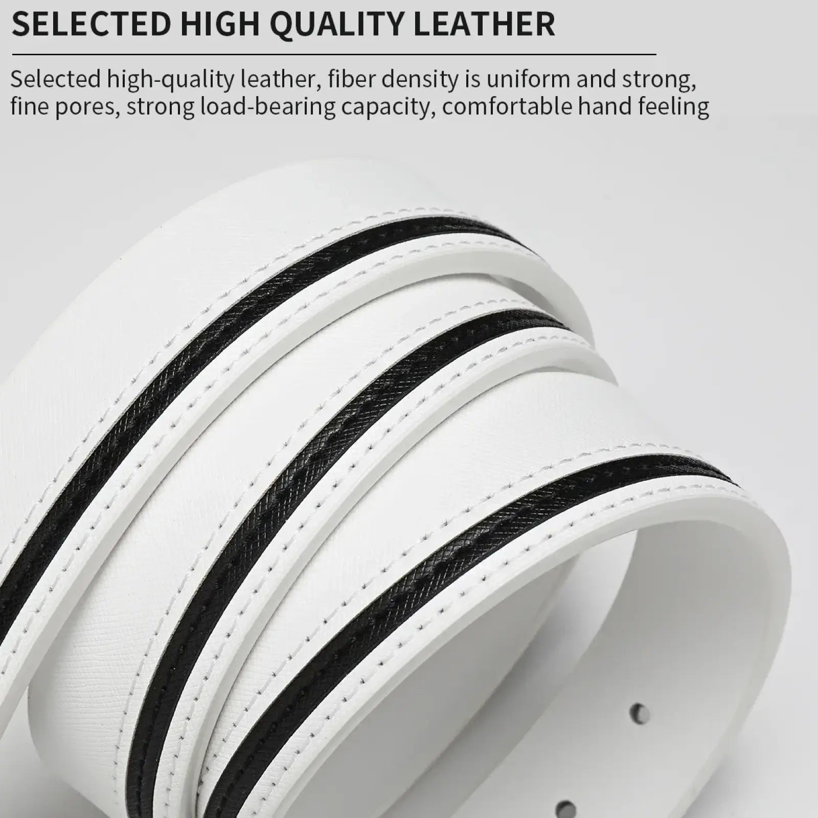 Men leather belt white with black braided contrast stripes and precise white stitching in leather material