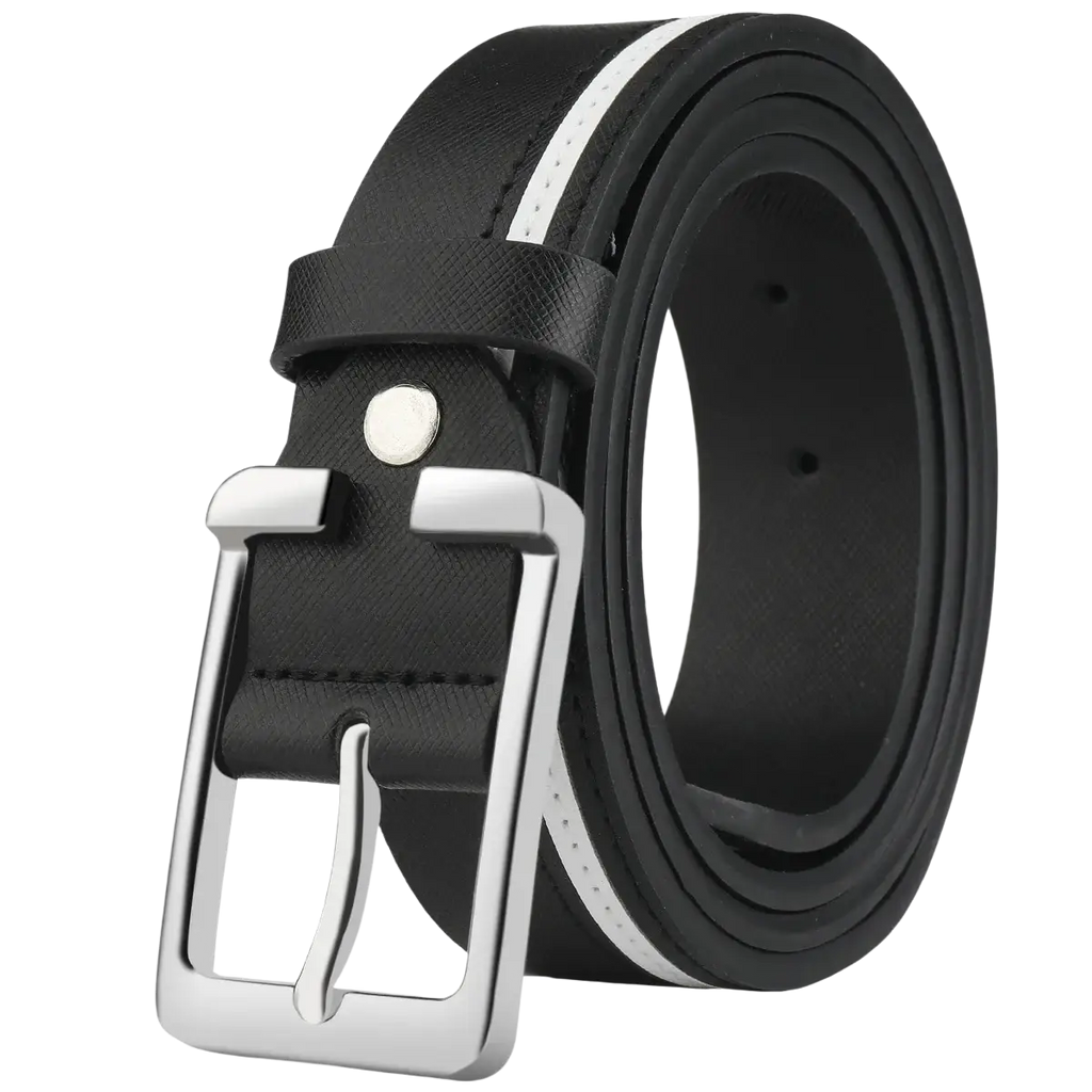 Men leather belt with black leather, silver toned buckle, and white braided contrast stripe along the edge