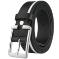 Men leather belt with black leather, silver toned buckle, and white braided contrast stripe along the edge