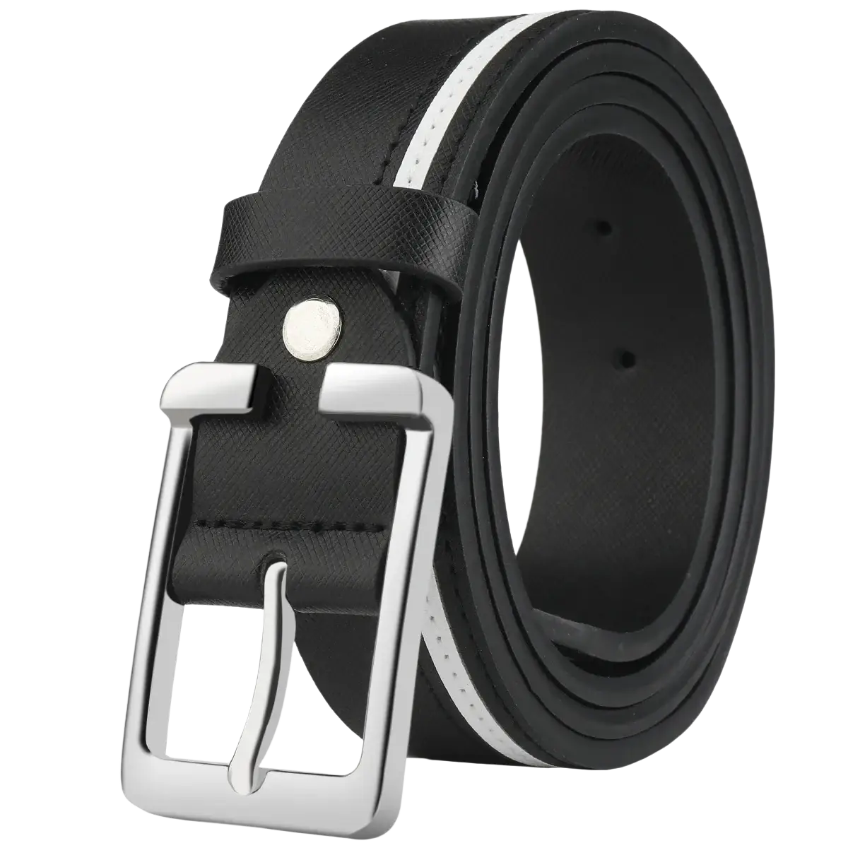 Men leather belt with black leather, silver toned buckle, and white braided contrast stripe along the edge