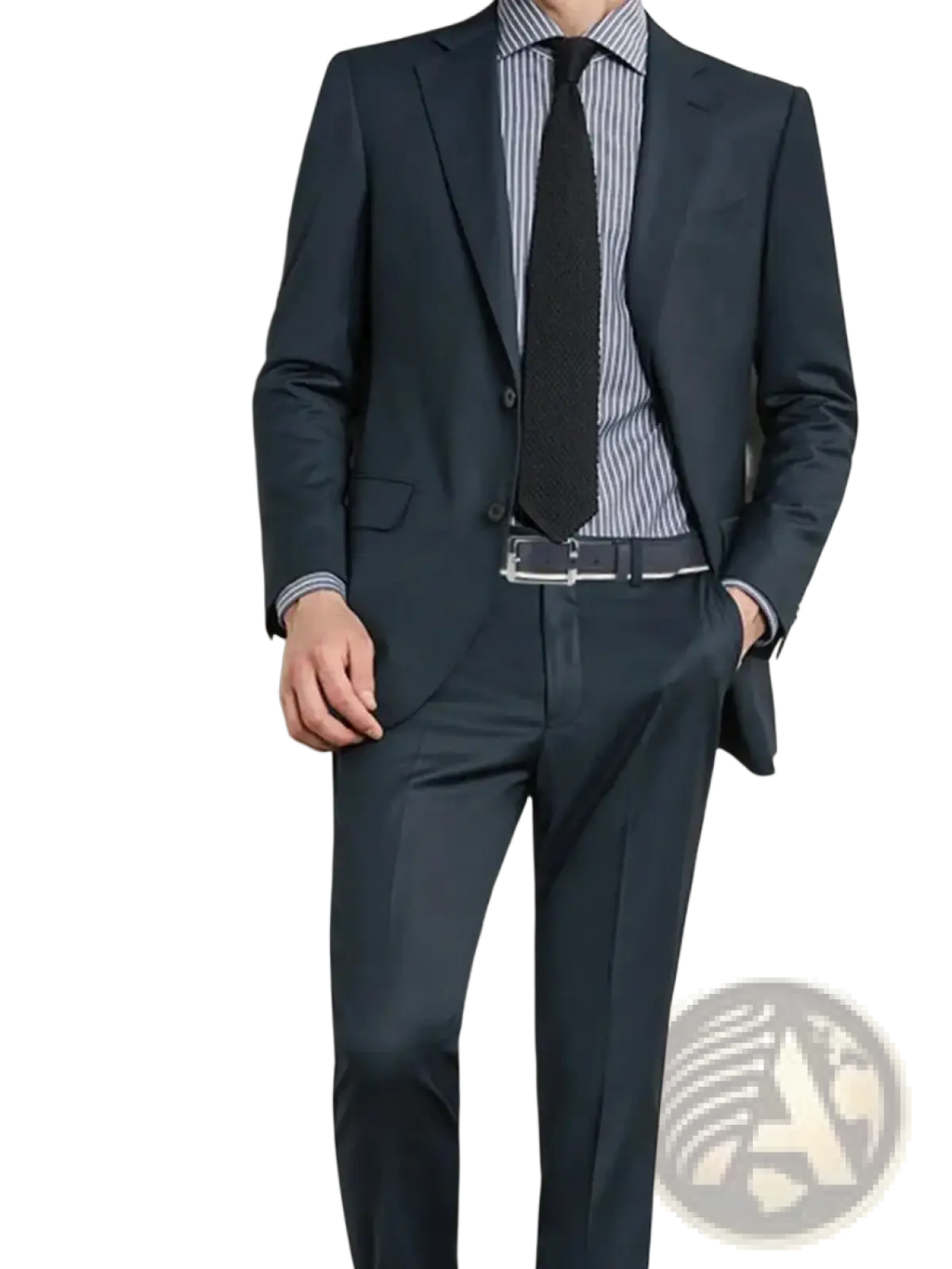 Dark navy tailored suit with subtle sheen and structured lapels paired with a men leather belt white braided contrast stripe