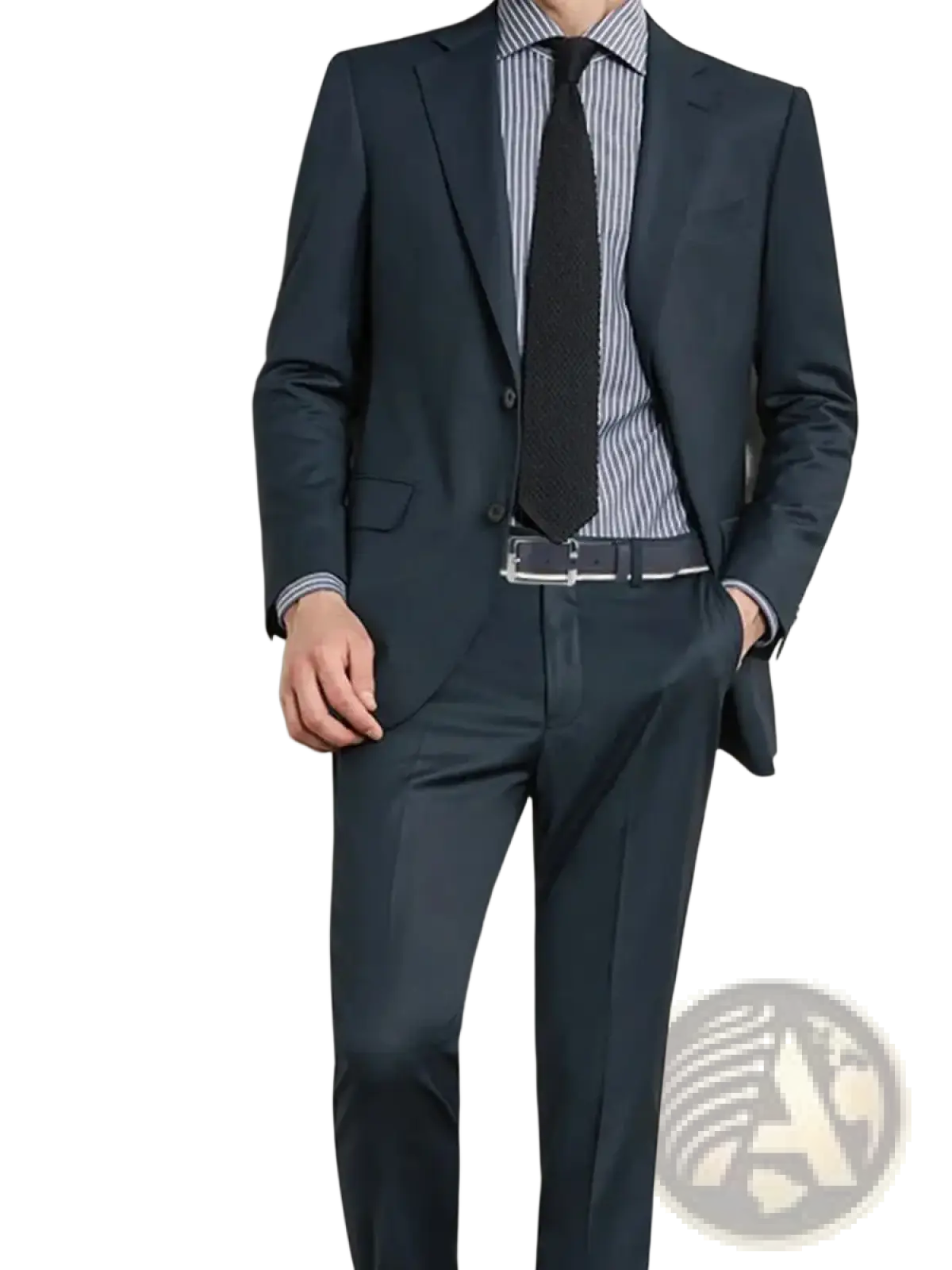 Dark navy tailored suit with subtle sheen and structured lapels paired with a men leather belt white braided contrast stripe