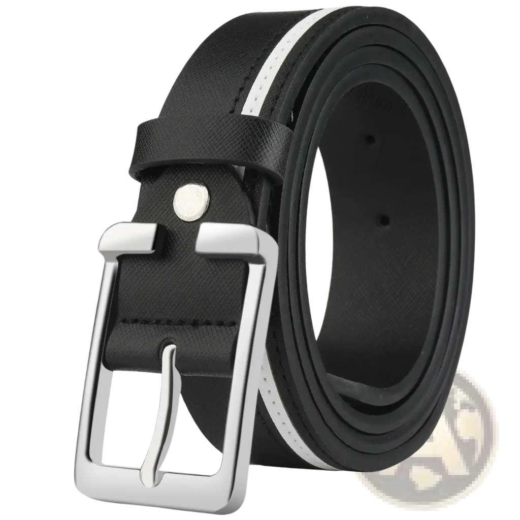 Men leather belt with black leather, silver toned buckle, and white braided contrast stripe along the edge