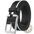 Men leather belt with black leather, silver toned buckle, and white braided contrast stripe along the edge