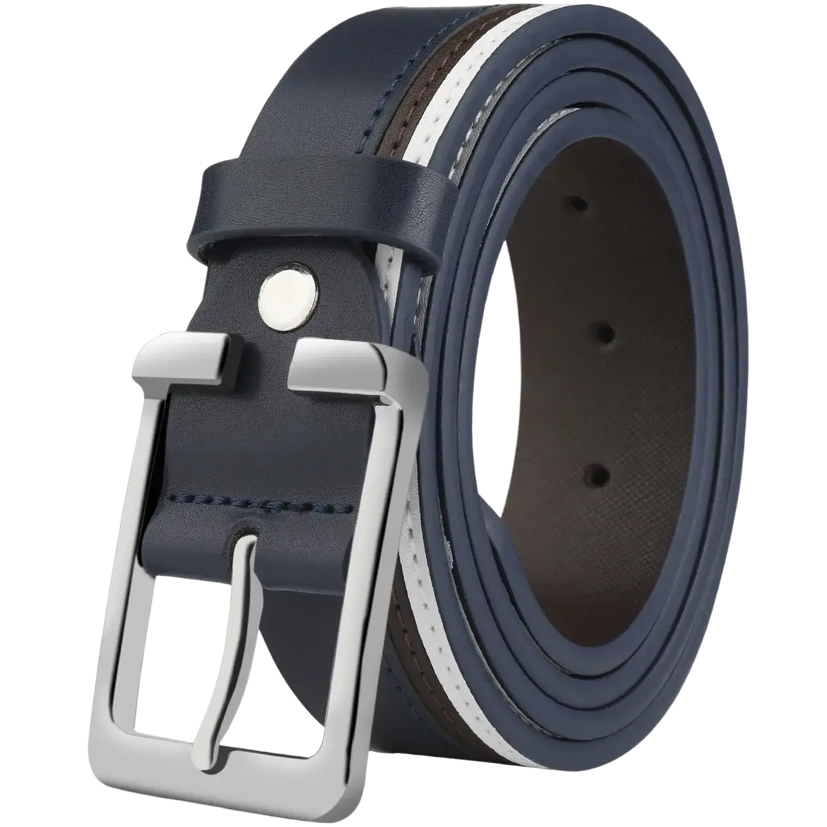 Navy blue leather men leather belt with white braided contrast stripe and silver toned buckle