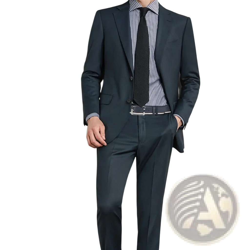 Navy blue tailored suit with subtle sheen and classic single-breasted design paired with men leather belt white braided contrast stripe