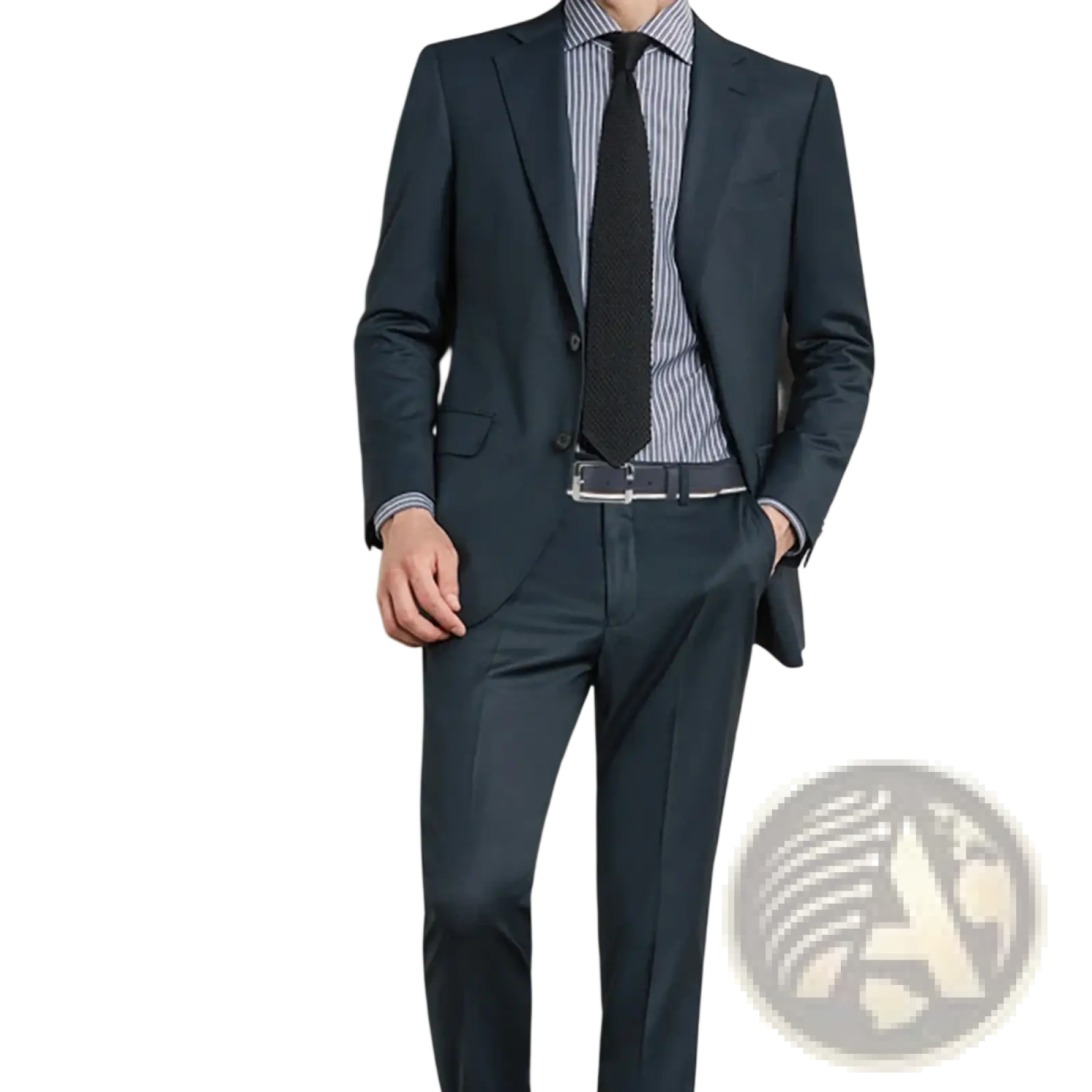 Navy blue tailored suit with subtle sheen and classic single-breasted design paired with men leather belt white braided contrast stripe