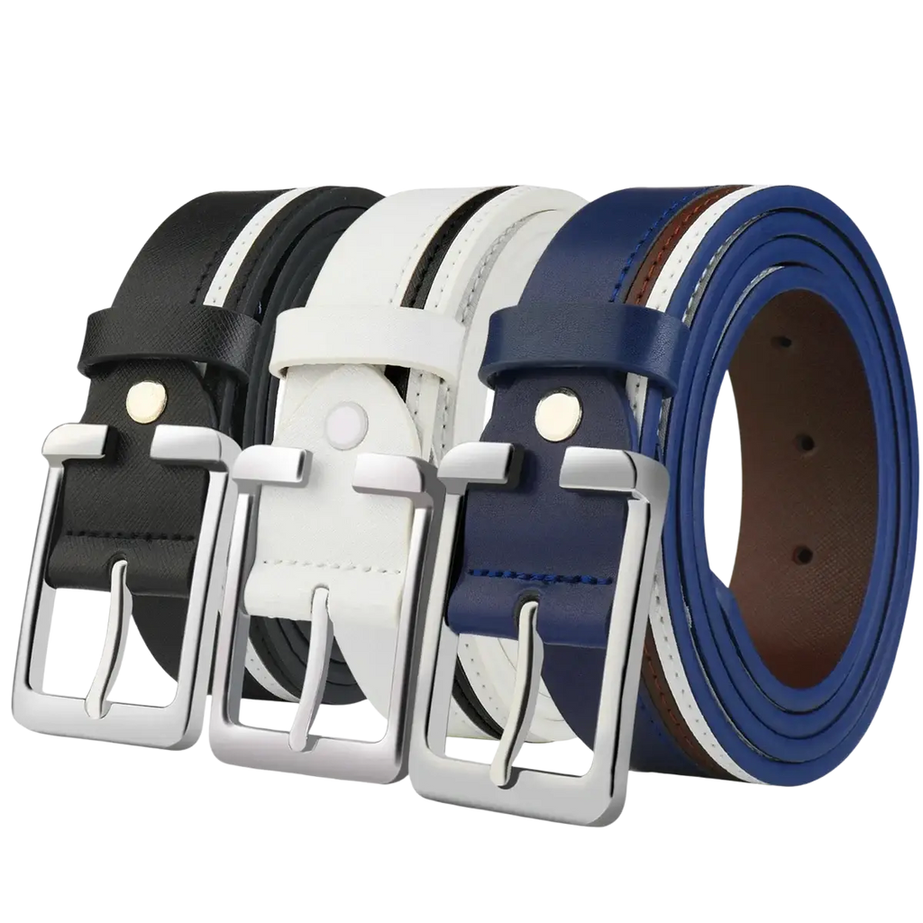 Three stylish men leather belts in black white and navy with braided contrast stripes and silver buckles