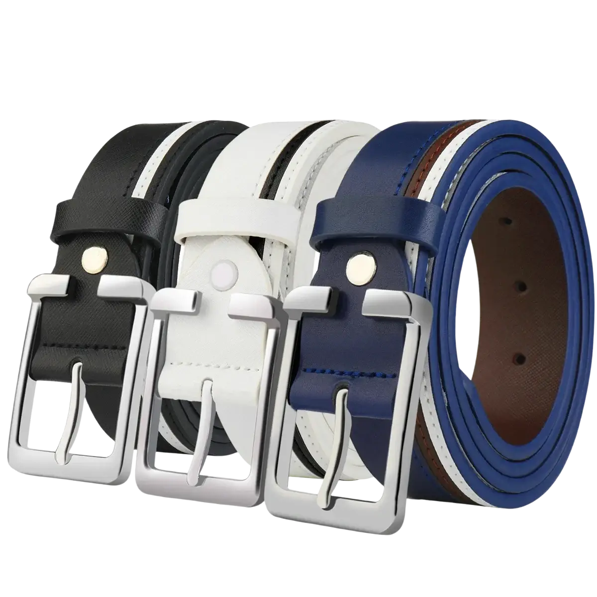 Three stylish men leather belts in black white and navy with braided contrast stripes and silver buckles