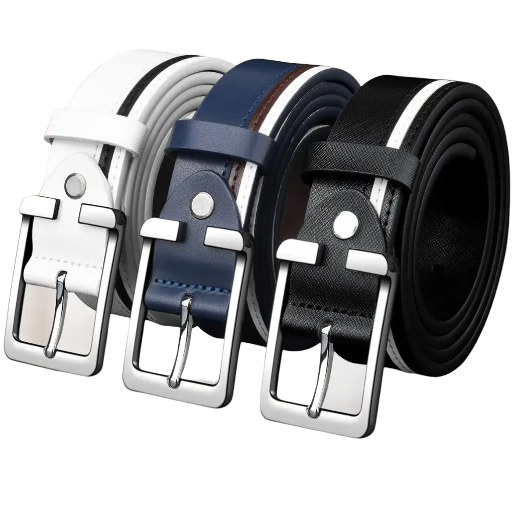 Three stylish men leather belts in white, navy blue, and black with braided contrast stripes and silver-toned buckles
