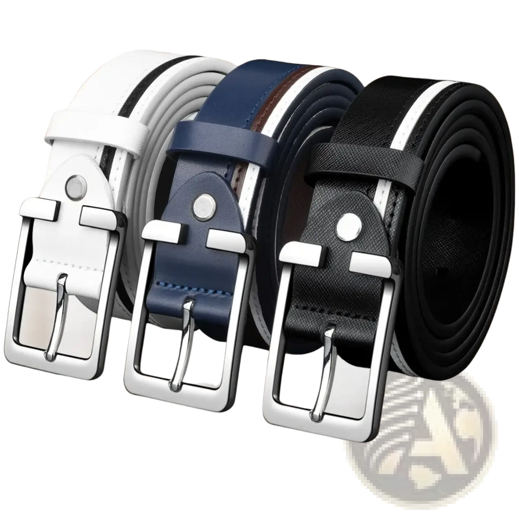 Three stylish men leather belts in white, navy blue, and black with braided contrast stripes and silver-toned buckles