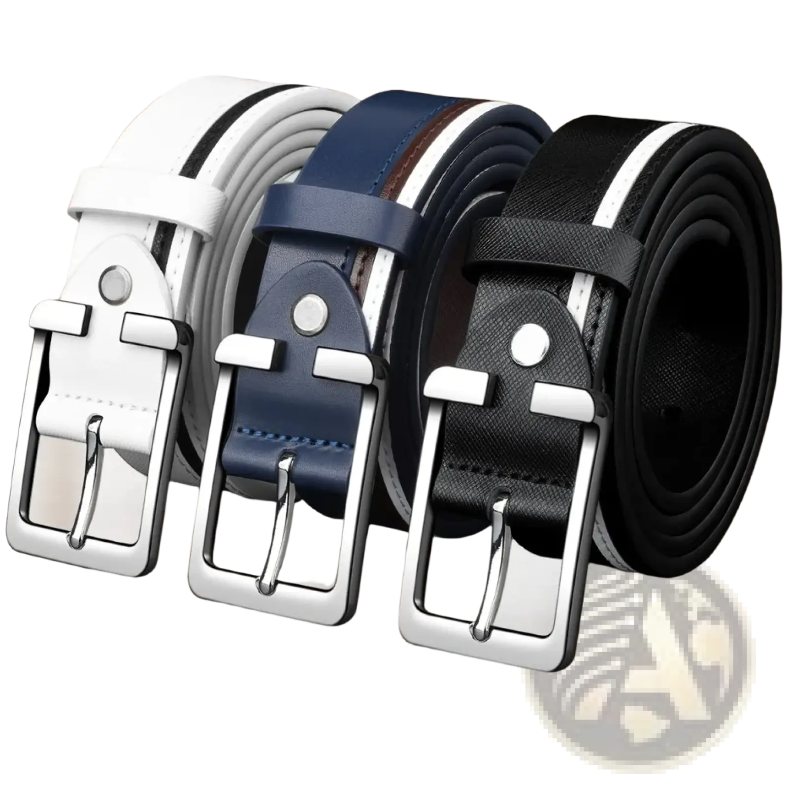 Three stylish men leather belts in white, navy blue, and black with braided contrast stripes and silver-toned buckles