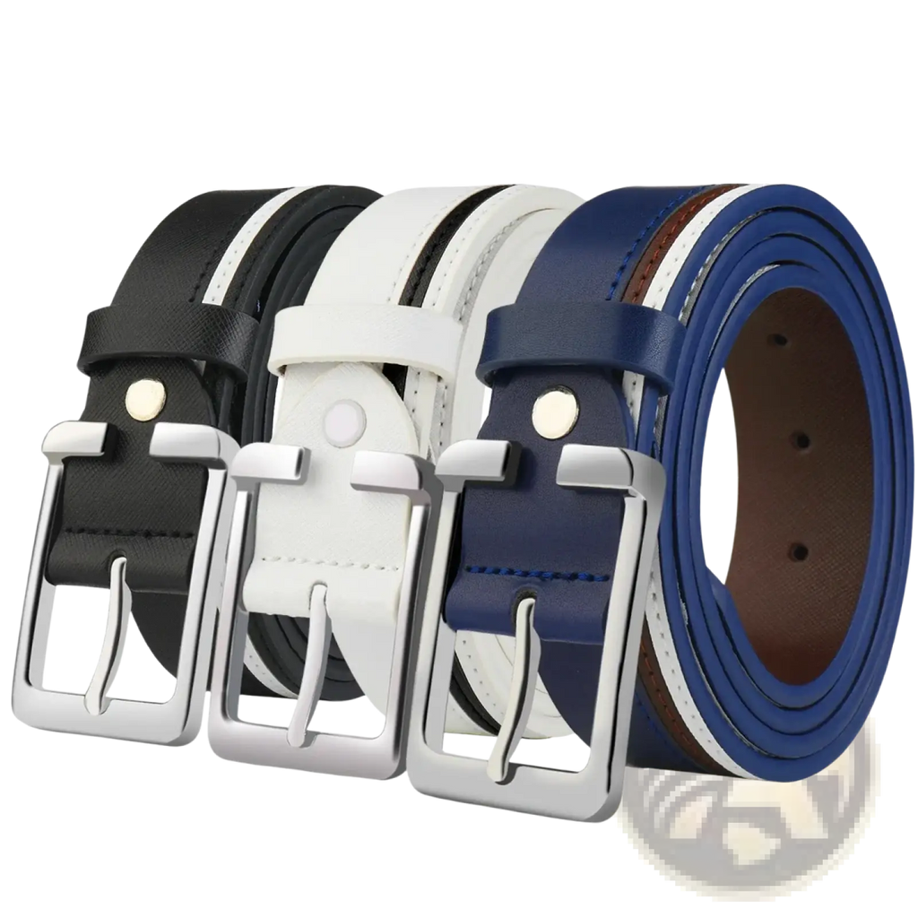 Three stylish men leather belts in black white and navy with braided contrast stripes and silver buckles