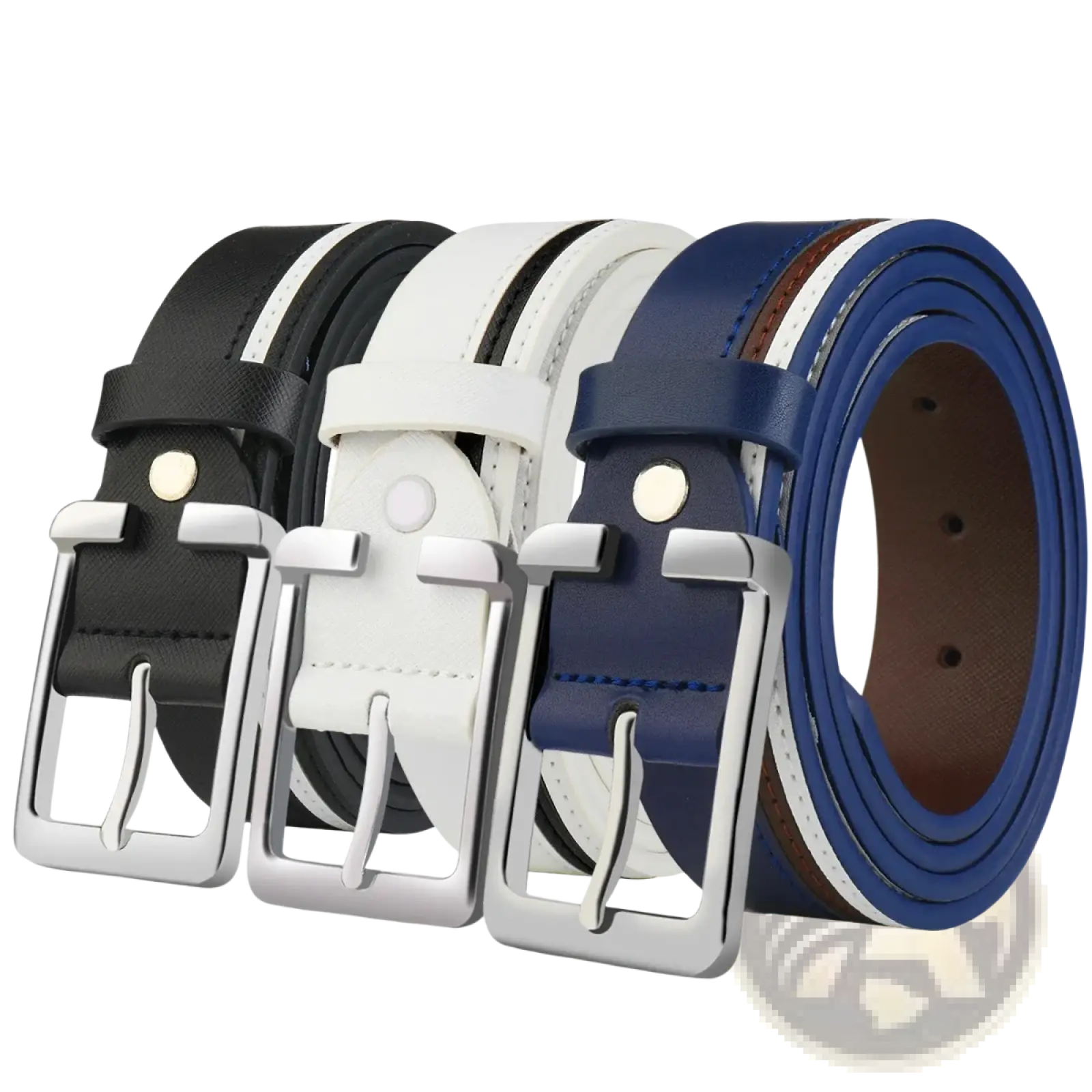 Three stylish men leather belts in black white and navy with braided contrast stripes and silver buckles