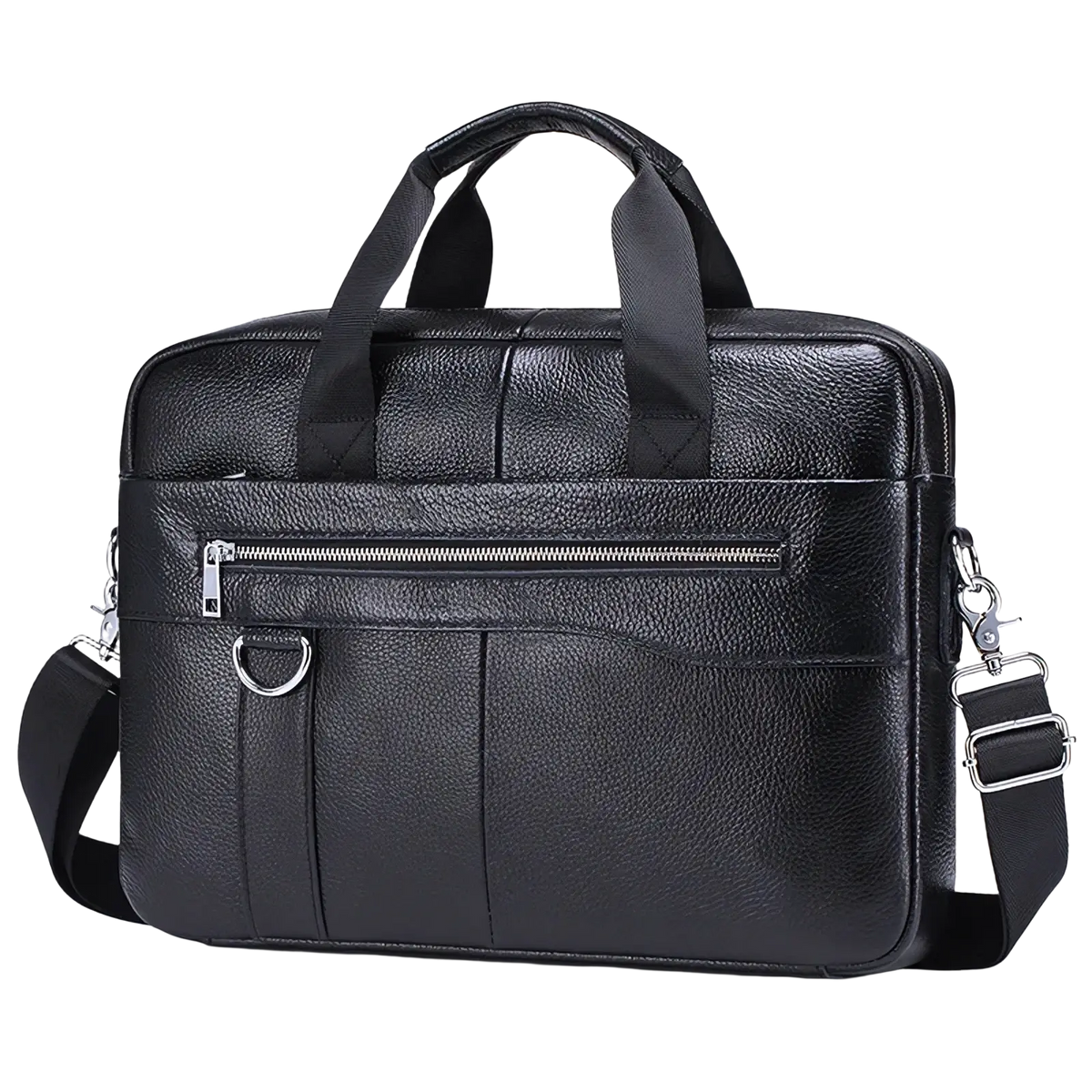 Men leather briefcase laptop bag in black textured leather with top handle and adjustable shoulder strap