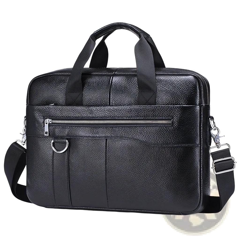 Men leather briefcase laptop bag in black textured leather with top handle and adjustable shoulder strap