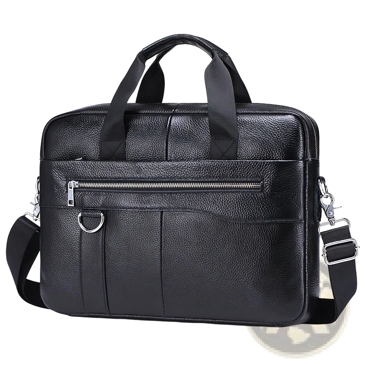 Men leather briefcase laptop bag in black textured leather with top handle and adjustable shoulder strap