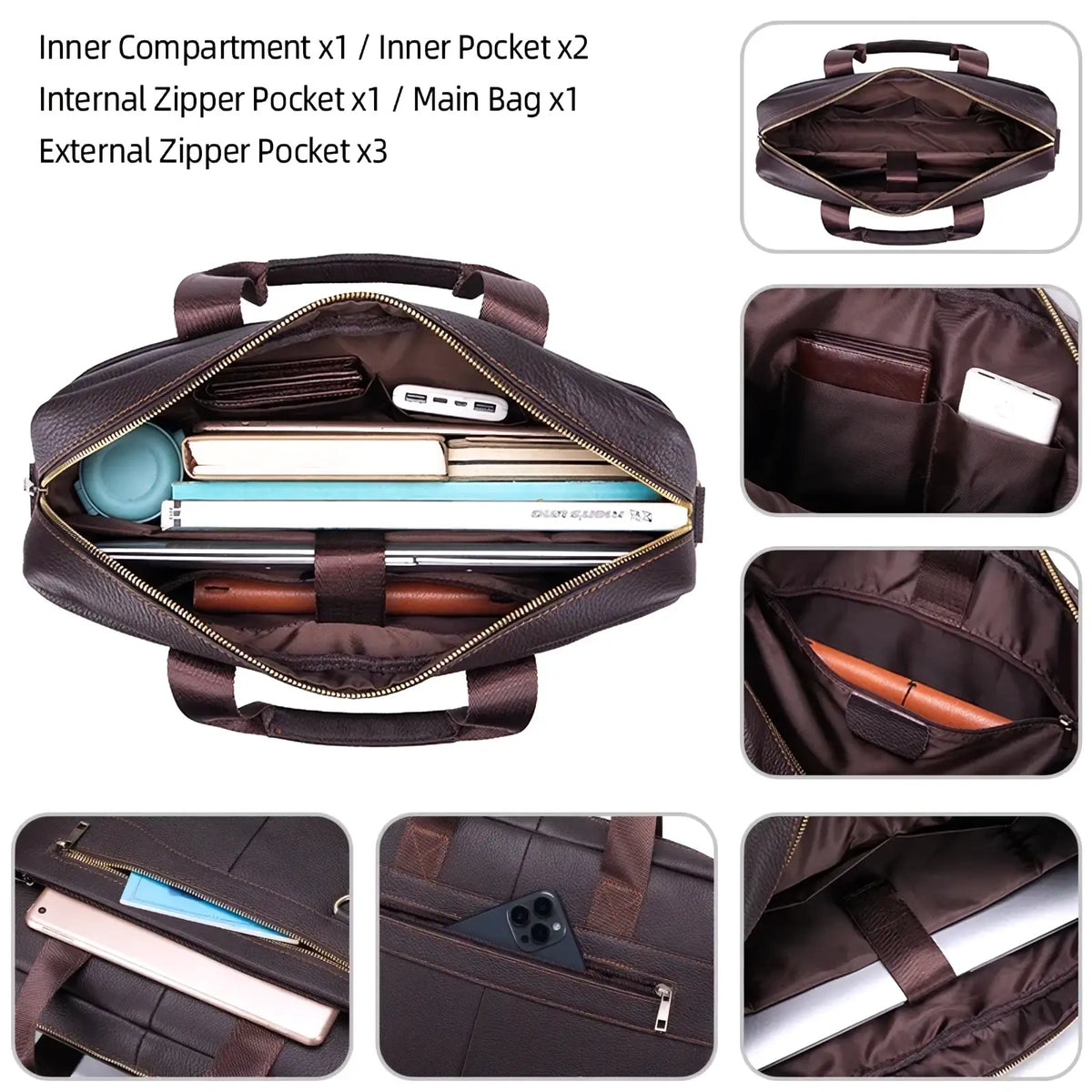 Men leather briefcase laptop bag in brown leather with multiple compartments and zippers for organized storage