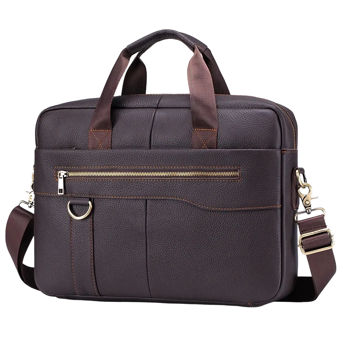 Men leather briefcase laptop bag in brown textured leather with matching handles, adjustable shoulder strap, and gold-tone hardware