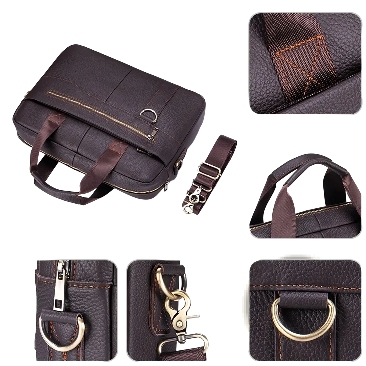 Men leather briefcase laptop bag in brown leather with textured surface, tan reinforced stitching, and metallic hardware accents